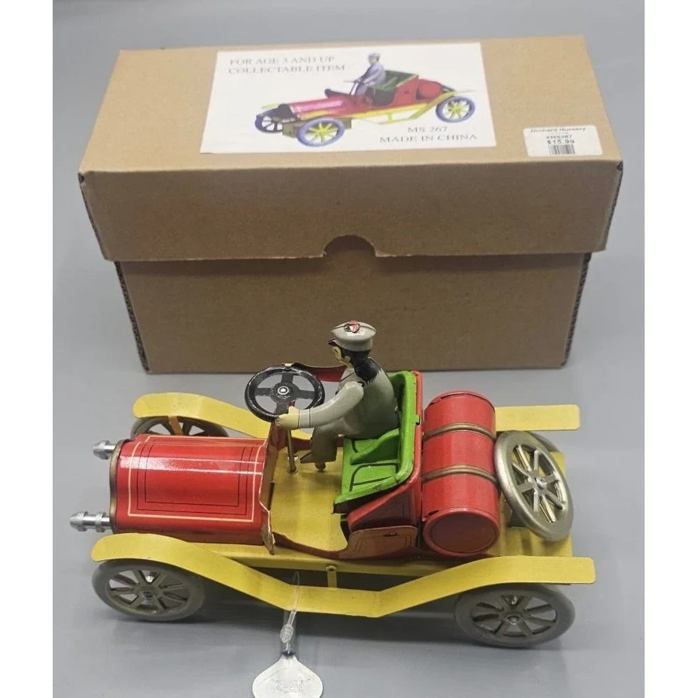 Vintage Style Tin Wind Up Car MS 267 Red Yellow Antique Automobile with Box Key